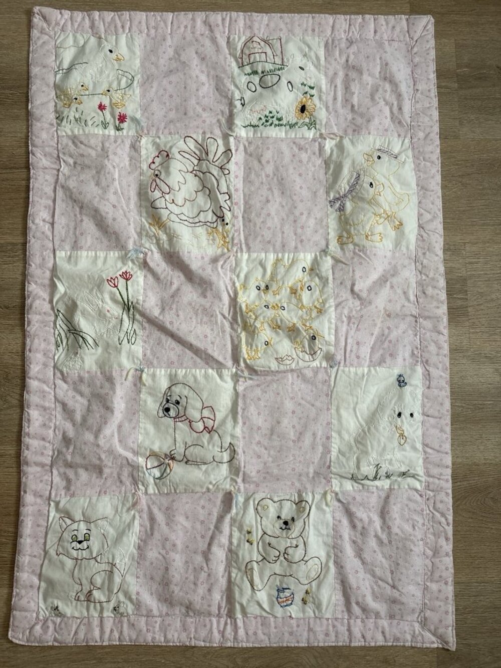 Vintage Handmade Baby Quilt Pink & White Embroidered Animals Flowers